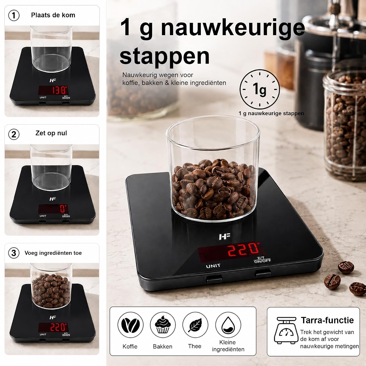 Detalle 1 de HomeFashion grote digitale keukenweegschaal 20 kg, 1 g en glazen platform