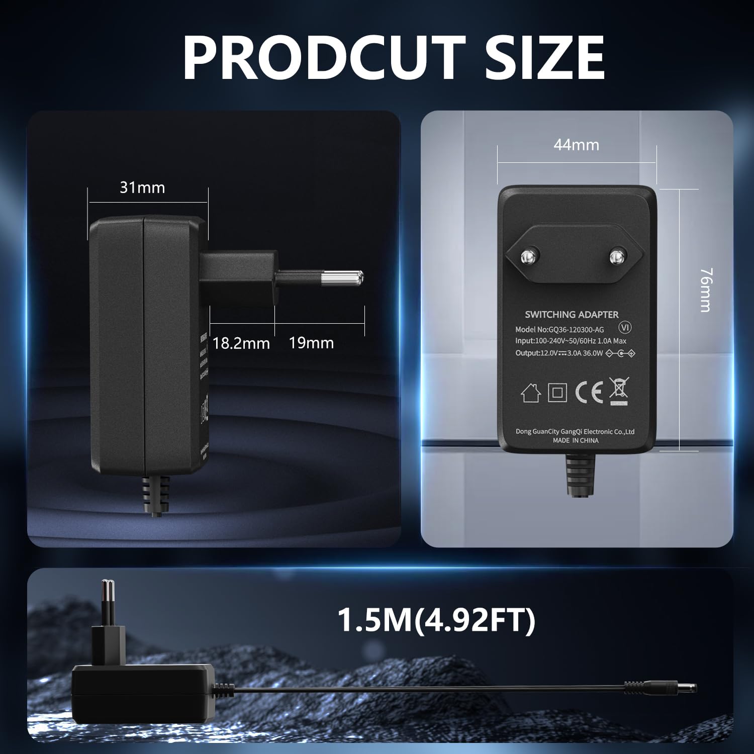 Thumbnail 2 de REIGY Adattatore di alimentazione 12V 3A (36W) per NVR, DVR, LED e dispositivi DC 5,5x2,1 mm, cavo 1,5 m