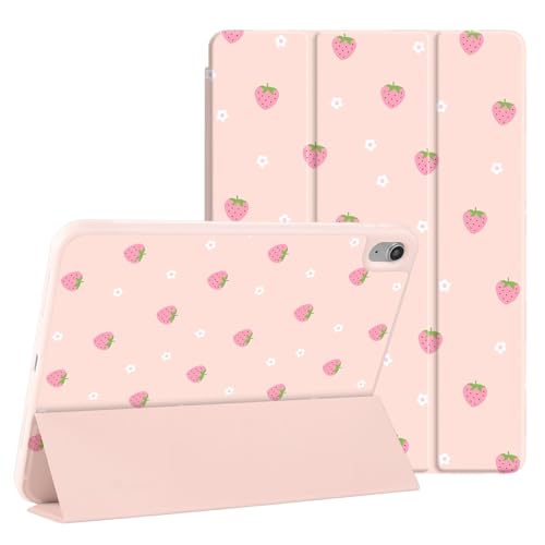 Detalle de Fycyko Étui pour iPad 11e Génération (11 pouces) et iPad 10e Génération 2022 – Coque antichoc avec porte-crayon et motif floral Fraise Rose