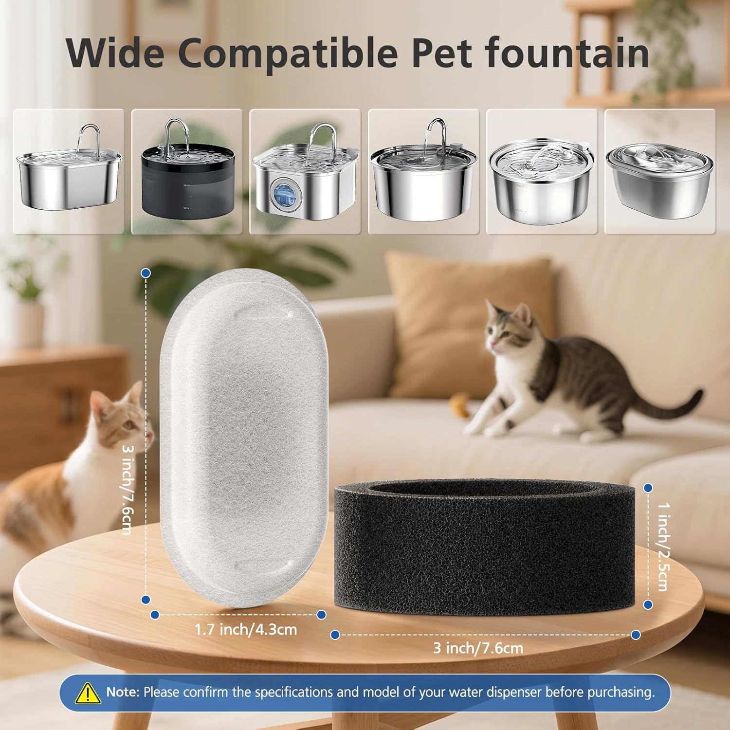 Detalle de 50-Pack Cat Water Fountain Filter Replacements for 108/3.2L and 67oz/2L Stainless Steel Pet Fountains