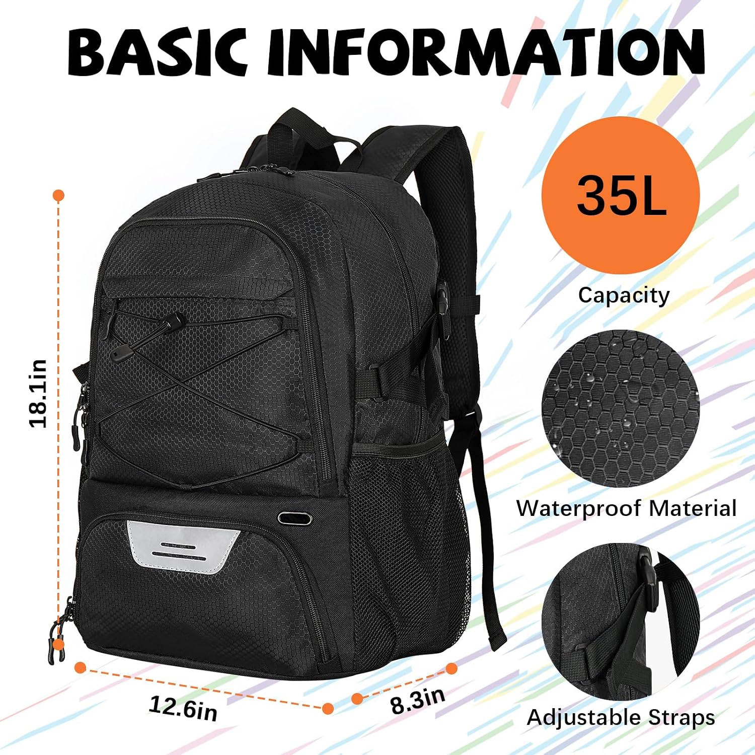 Detalle 2 de Goloni Soccer Bag(23037)-Black 35L Basketball Backpack with Shoe and Ball Compartments