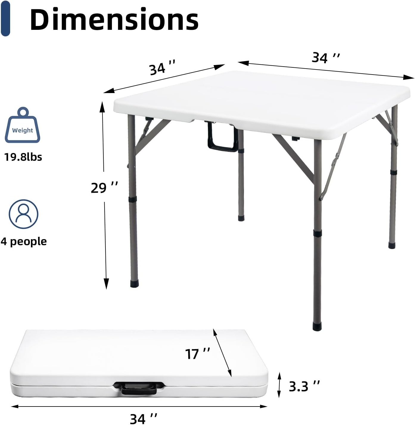 Thumbnail 2 de Byliable 34" Square Folding Card Table (Fold-in-Half) — HDPE Plastic Portable Dining Table for Indoor/Outdoor Use