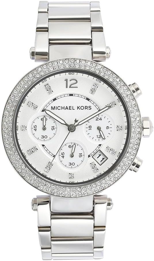 Detalle de Michael Kors Montre Parker pour Femme – Chronographe quartz, lunette strass, bracelet acier ou PVC