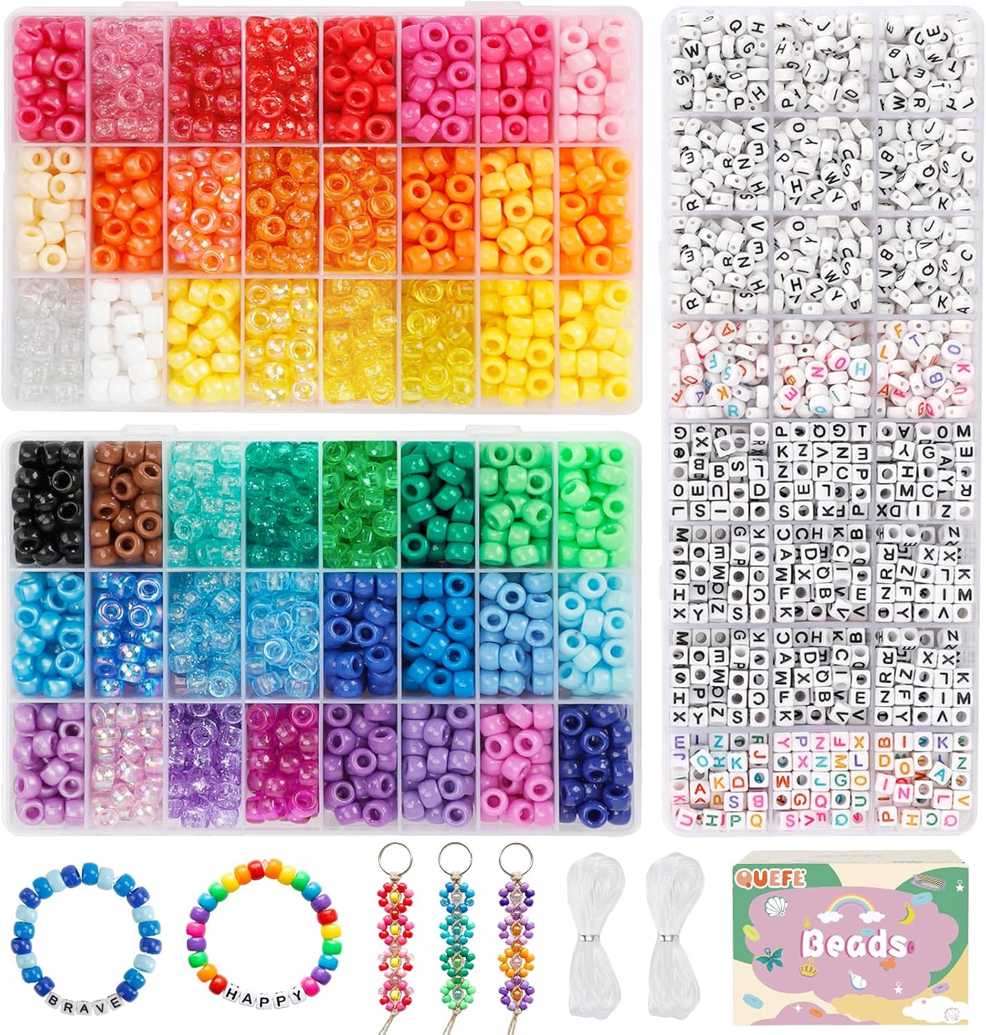 Detalle de QUEFE 48-Color Pony Bead Bracelet Making Kit with Letter Beads