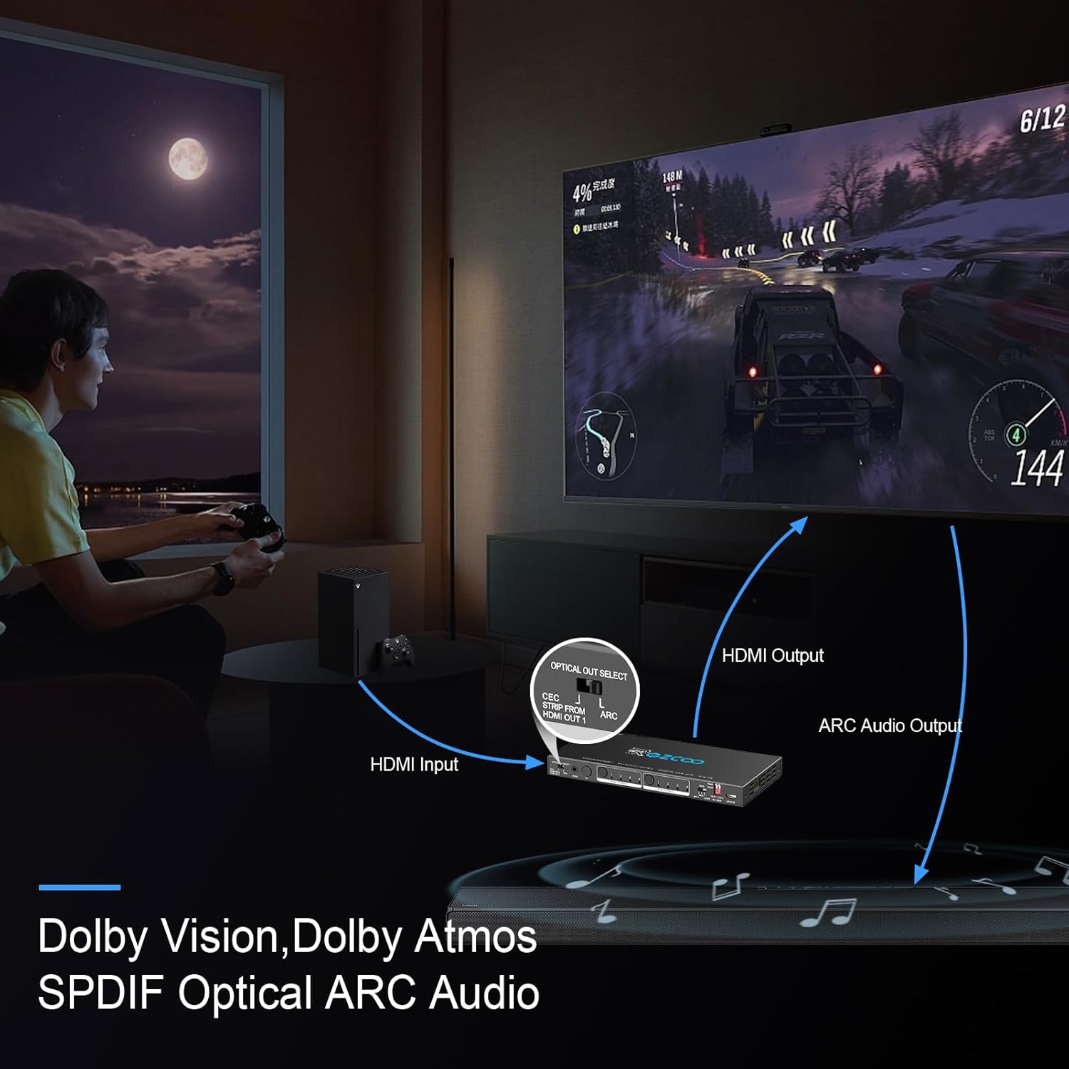 Thumbnail 4 de Matrice HDMI 4x2 4K 60 Hz : commutateur HDMI 4 entrées vers 2 sorties avec ARC, Dolby Vision/Atmos et S/PDIF TOSLINK