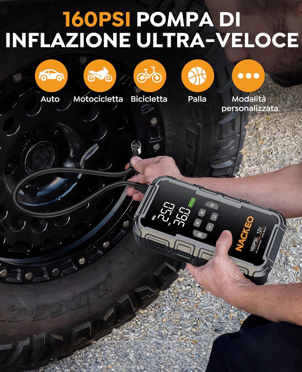 Detalle de NACKEO Avviatore Batteria Auto con Compressore 160 PSI e 8000A: potenza immediata e utilità all-in-one