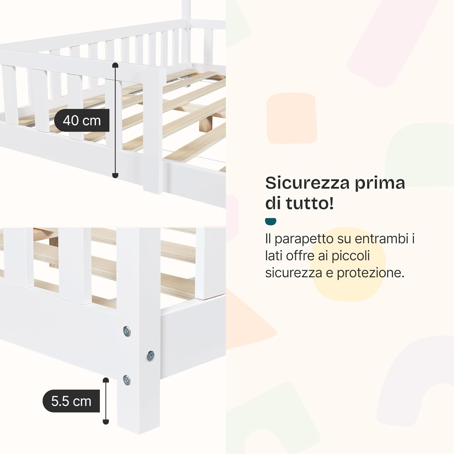 Detalle 2 de Letto a Casetta per Cameretta con Materasso 140x200 cm in Legno di Pino bianco