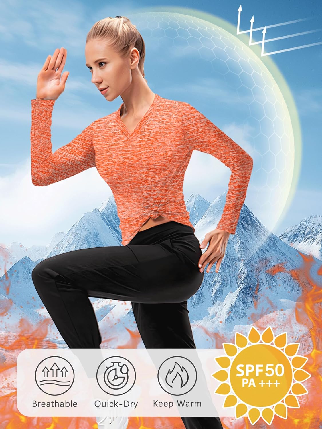 Thumbnail 3 de Sportshirt Damen Langarm mit V-Ausschnitt UPF 50+ - Flauschiges Innenfutter, atmungsaktiv, 4-Wege-Stretch