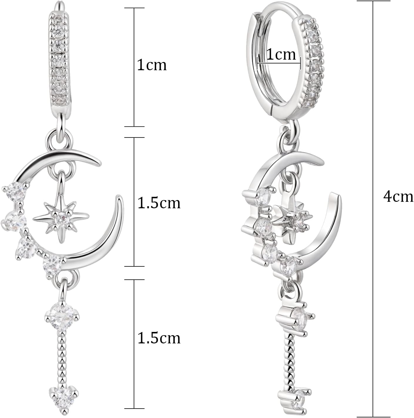 Detalle de Weviway Moon and Star Huggie Dangle Earrings for Women – Celestial Silver with Cubic Zirconia