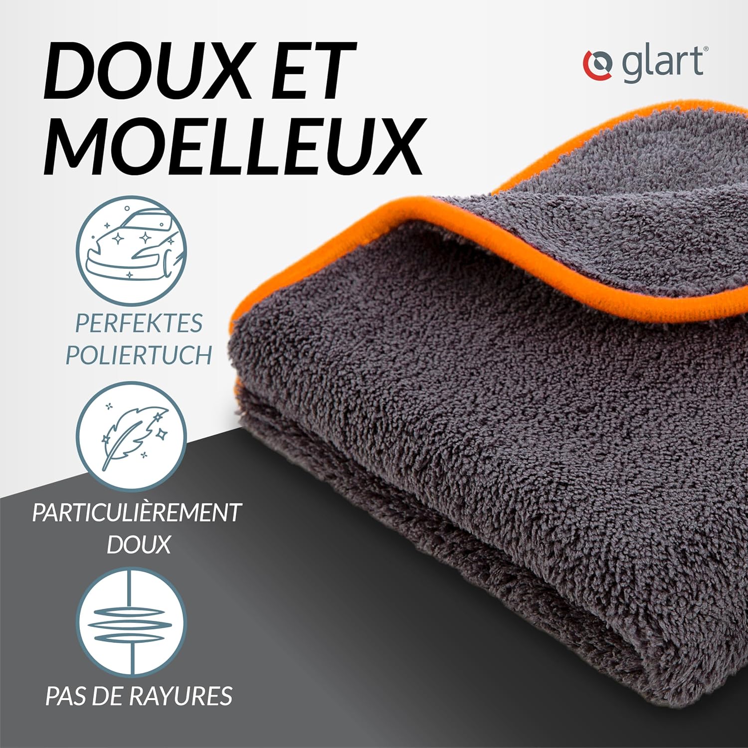 Detalle de Glart 443TPO Lot de 3 Chiffons Microfibre 40x40 cm, Anthracite + Bord Orange – Ultra Absorbants et Polyvalents