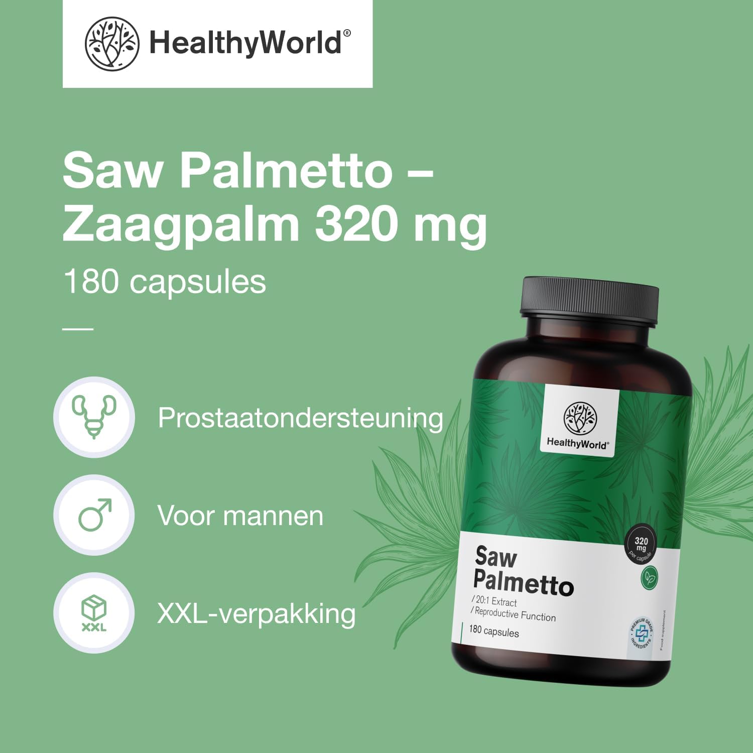 Detalle de HealthyWorld Saw Palmetto zaagpalmsupplement met zink, 20:1-extract, 180 capsules