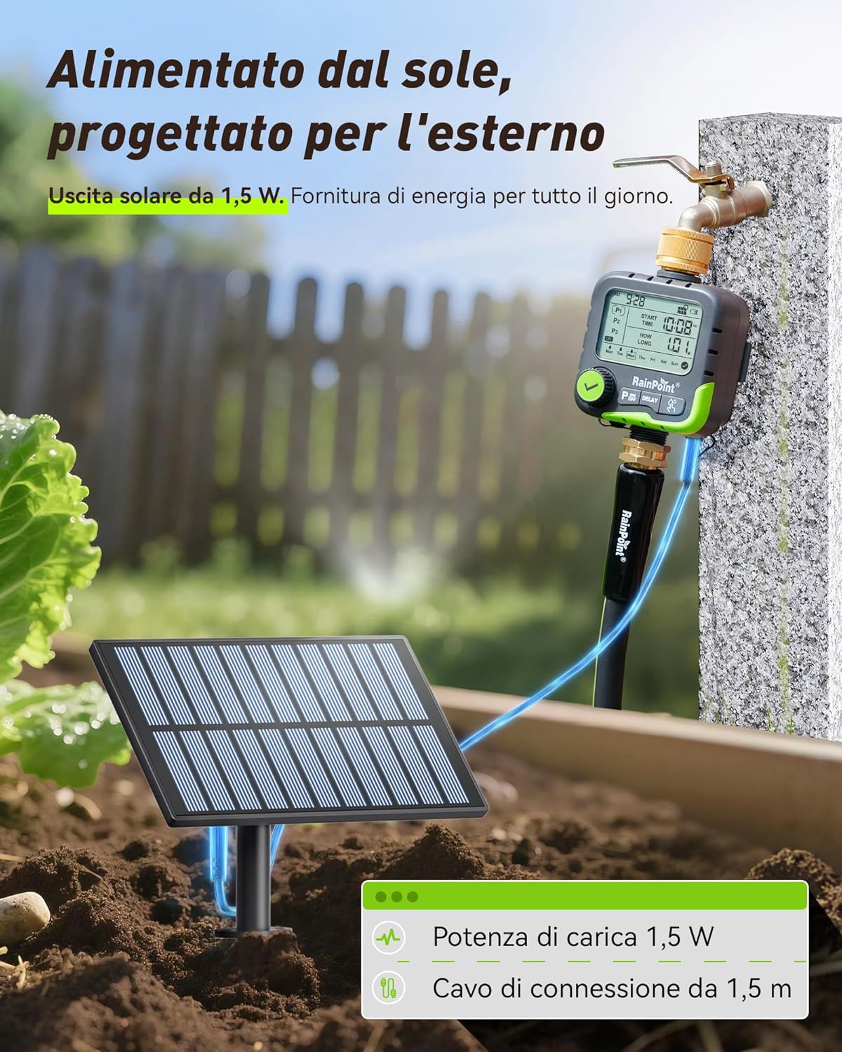 Detalle de RAINPOINT ITV156 Timer Irrigazione Kit Solare: Timer rubinetto da giardino con pannello solare e 2 batterie ricaricabili