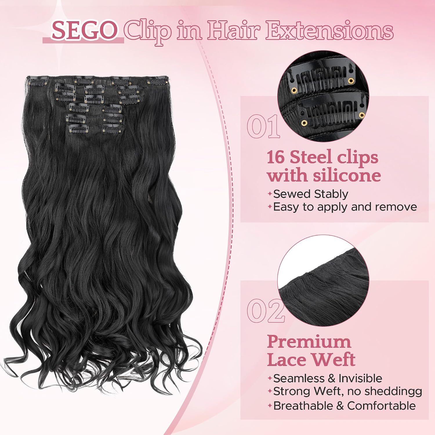 Thumbnail 1 de SEGO 55CM Extension à Clip Synthétique 150g – 6 Pièces pour Cheveux Bouclés, Noir Foncé