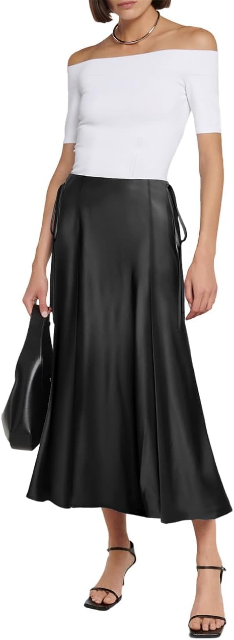 Detalle de MAYFASEY Women's Satin Midi Skirt – High Waist, A-Line with Side Zip