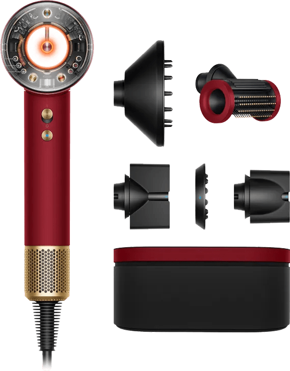 Detalle de Dyson Supersonic Nural Samtrot/Gold – Föhn mit Haut- und Haarschutz