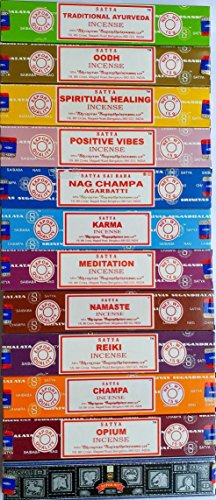 Detalle 2 de Satya Set di incenso 12 x 15 g: Nag Champa, Oodh, Reiki e altro, incenso artigianale indiano