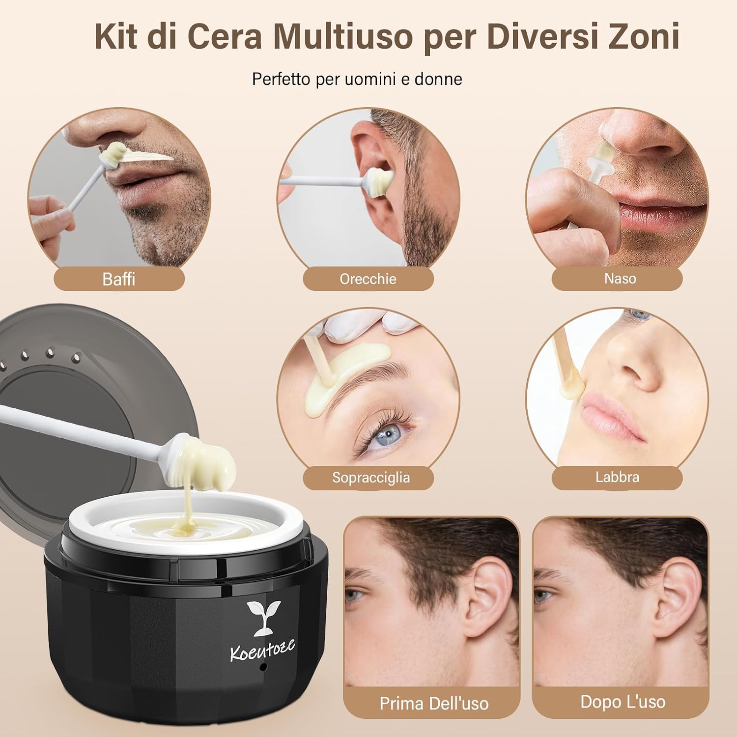 Detalle 2 de Koeutoze Kit di ceretta Naso per Uomini e Donne – Kit completo per naso, orecchie e sopracciglia