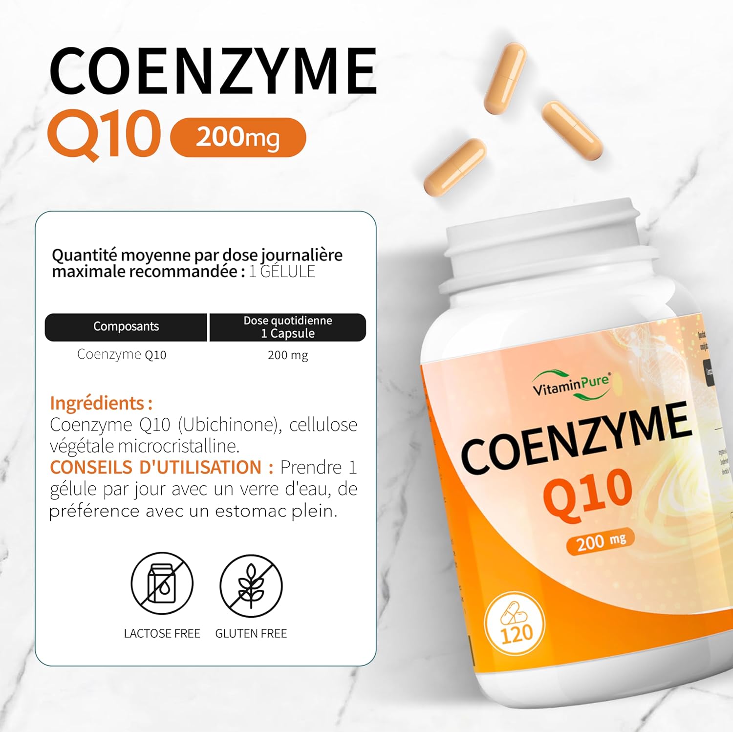 Detalle de Coenzyme Q10 200 mg par gélule – VitaminPure, 120 gélules (4 mois) végétales, Q10 fermenté pour meilleure biodisponibilité