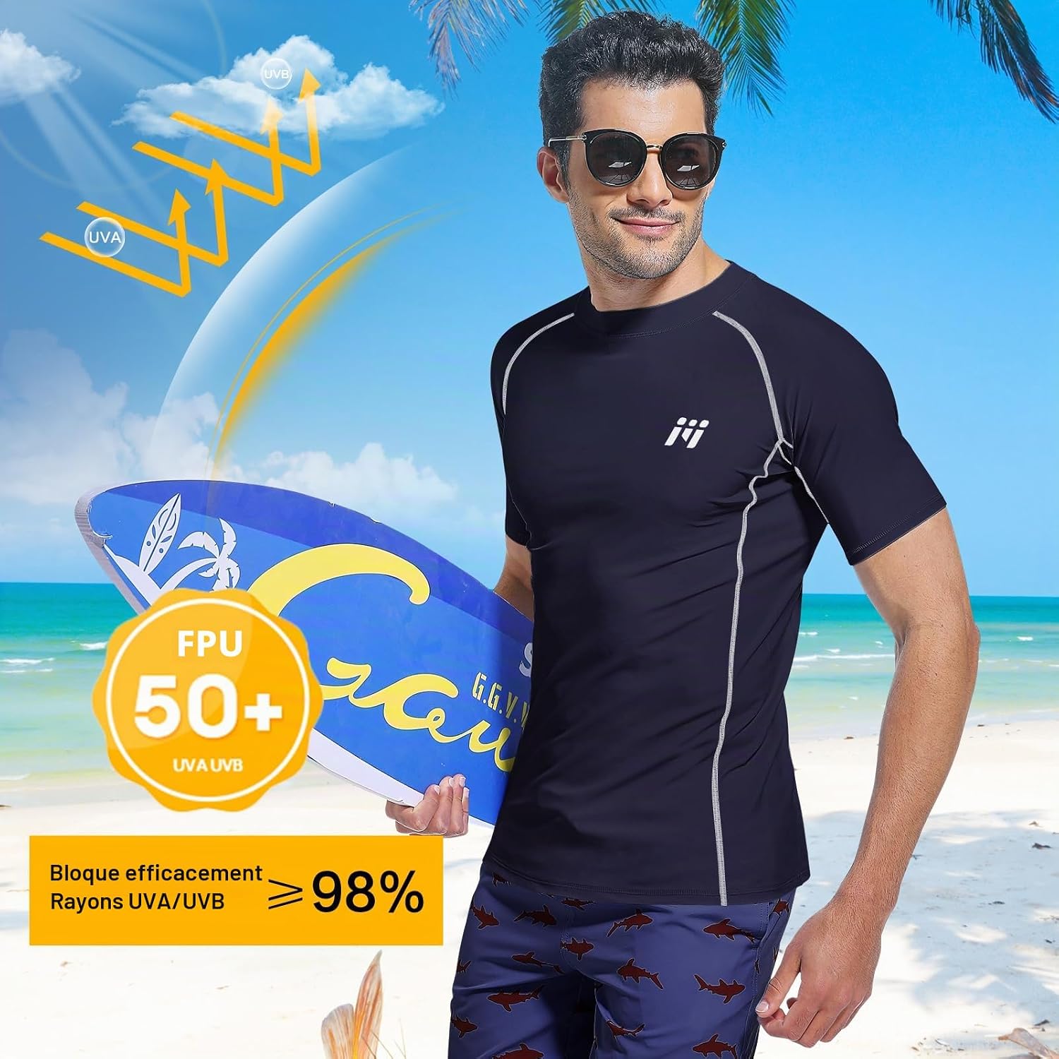 Detalle de MEETWEE Rashguard Homme Anti-UV UPF 50+ à Manches Courtes ou Longues – Séchage rapide et léger
