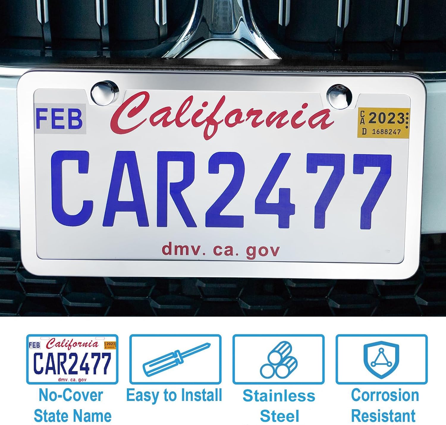 Detalle de lengnoyp Solid Silver 2-Hole Stainless Steel License Plate Frames (2 Pack) with Screws & Chrome Caps