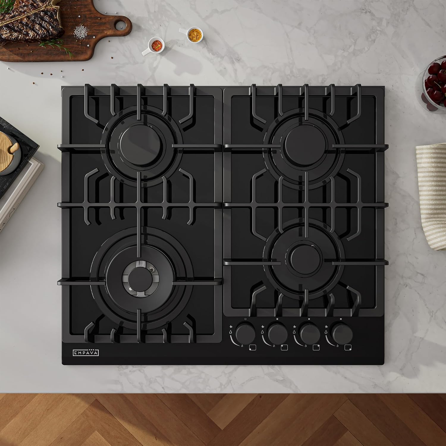 Detalle de Empava 24 in. Gas Stove Cooktop, 4 Sealed SABAF Burners, Black Glass