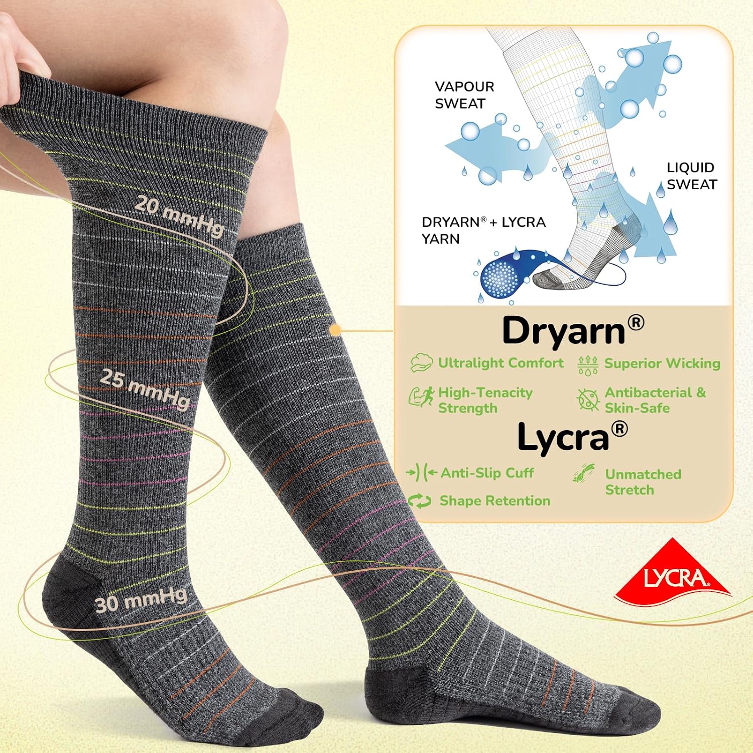 Detalle de Iambamboo Merino Wool Compression Socks with Dryarn, 20-30 mmHg – Knee-High (Travel & Flying)