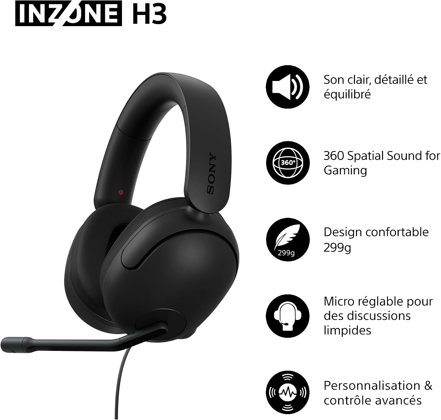 Detalle 2 de Sony INZONE H3 Casque de Jeu Filaire – PC/PS5, son spatial 360° et micro à perche avec boîtier USB