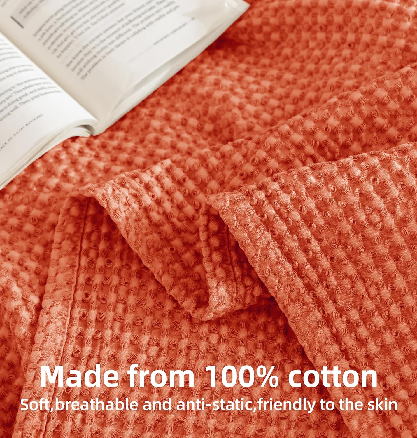 Detalle de Talasily 100% Cotton Waffle Blanket Throw (150 x 200cm) – Orange-red