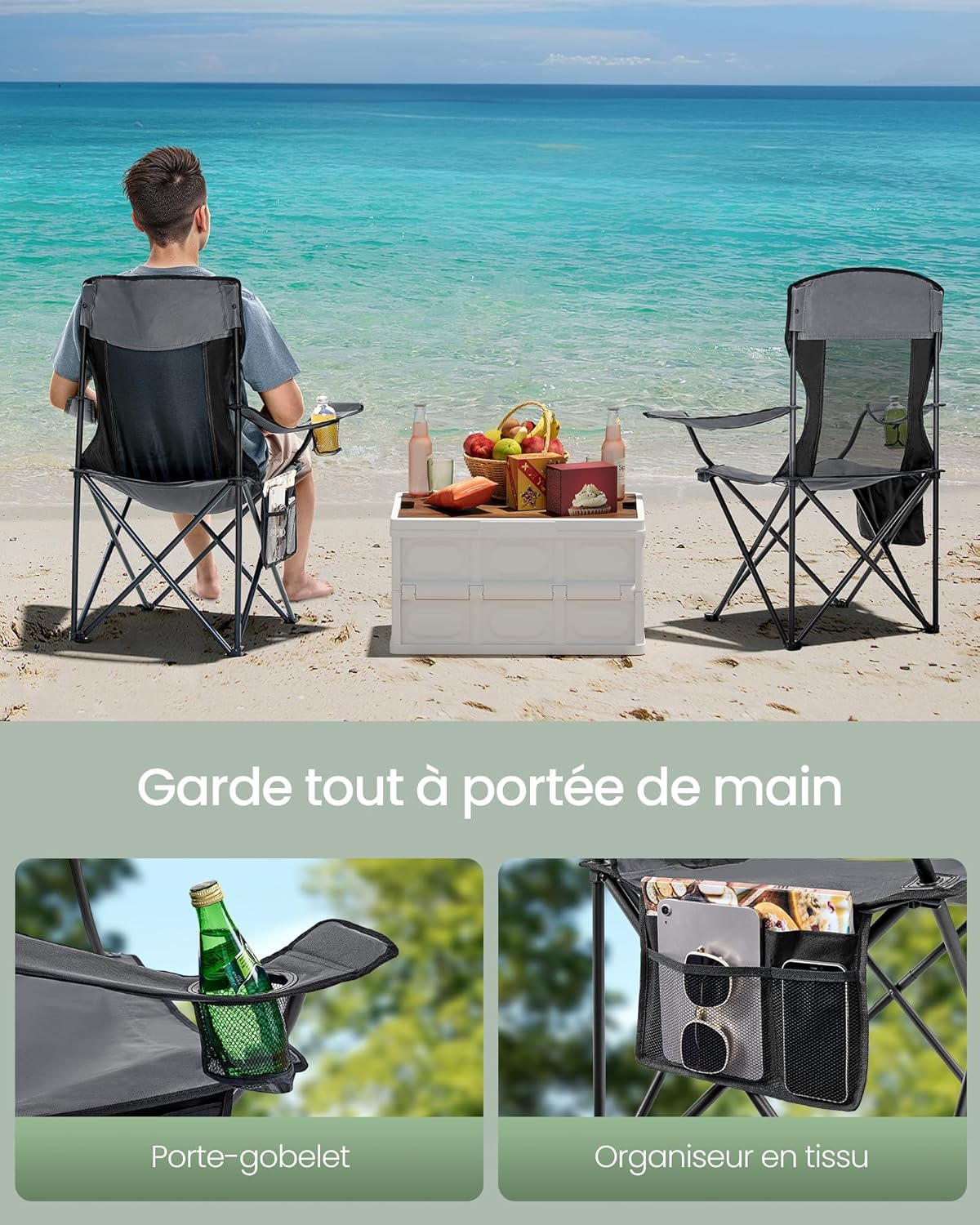 Detalle de SONGMICS Chaises de Camping Respirantes (Lot de 2) – Chaises pliantes avec dossier haut et accoudoirs réglables, gris ardoise GCB028G01
