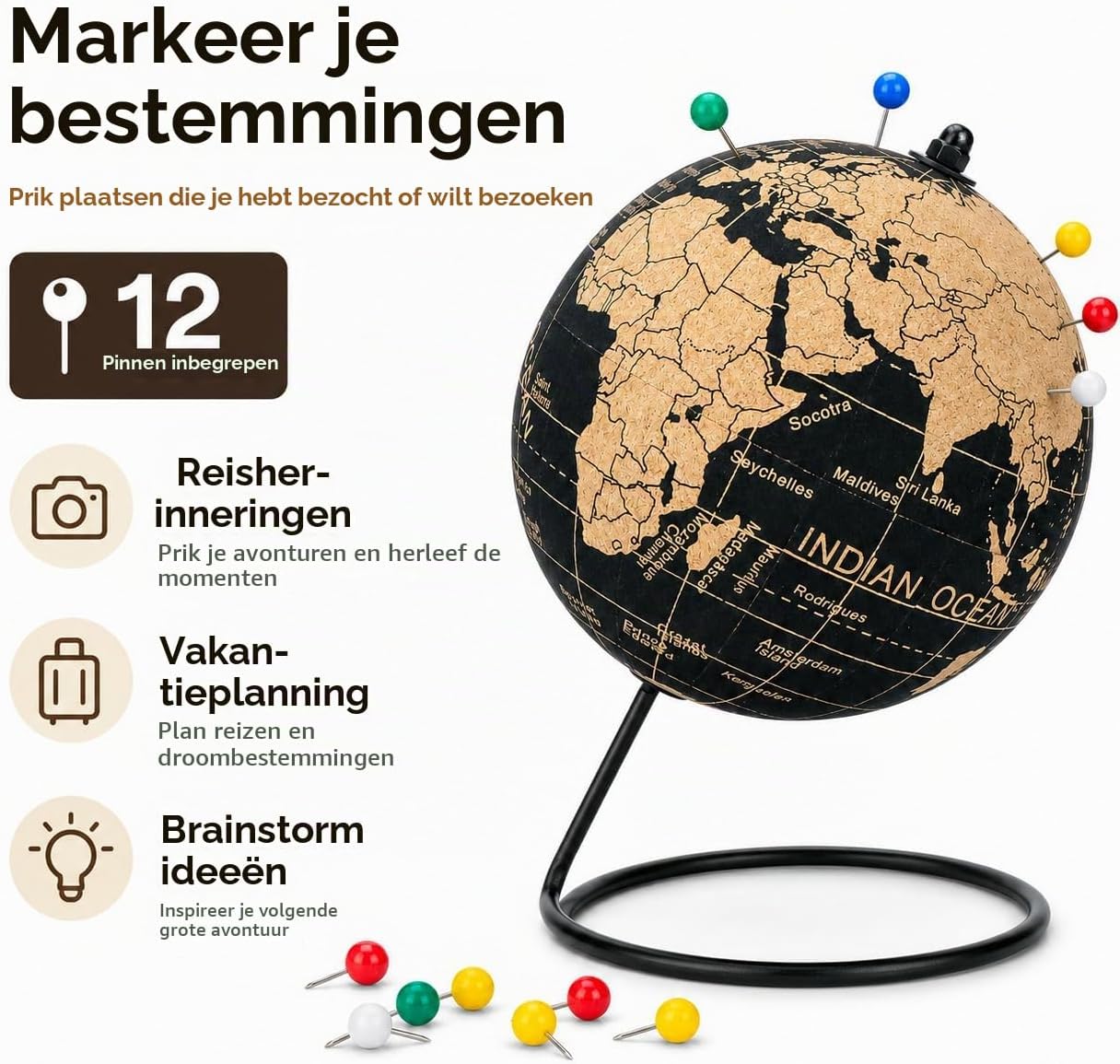 Thumbnail 4 de Exerz EX-PIN kurken wereldbol van 14 cm met Engelstalige kaart en zwarte standaard
