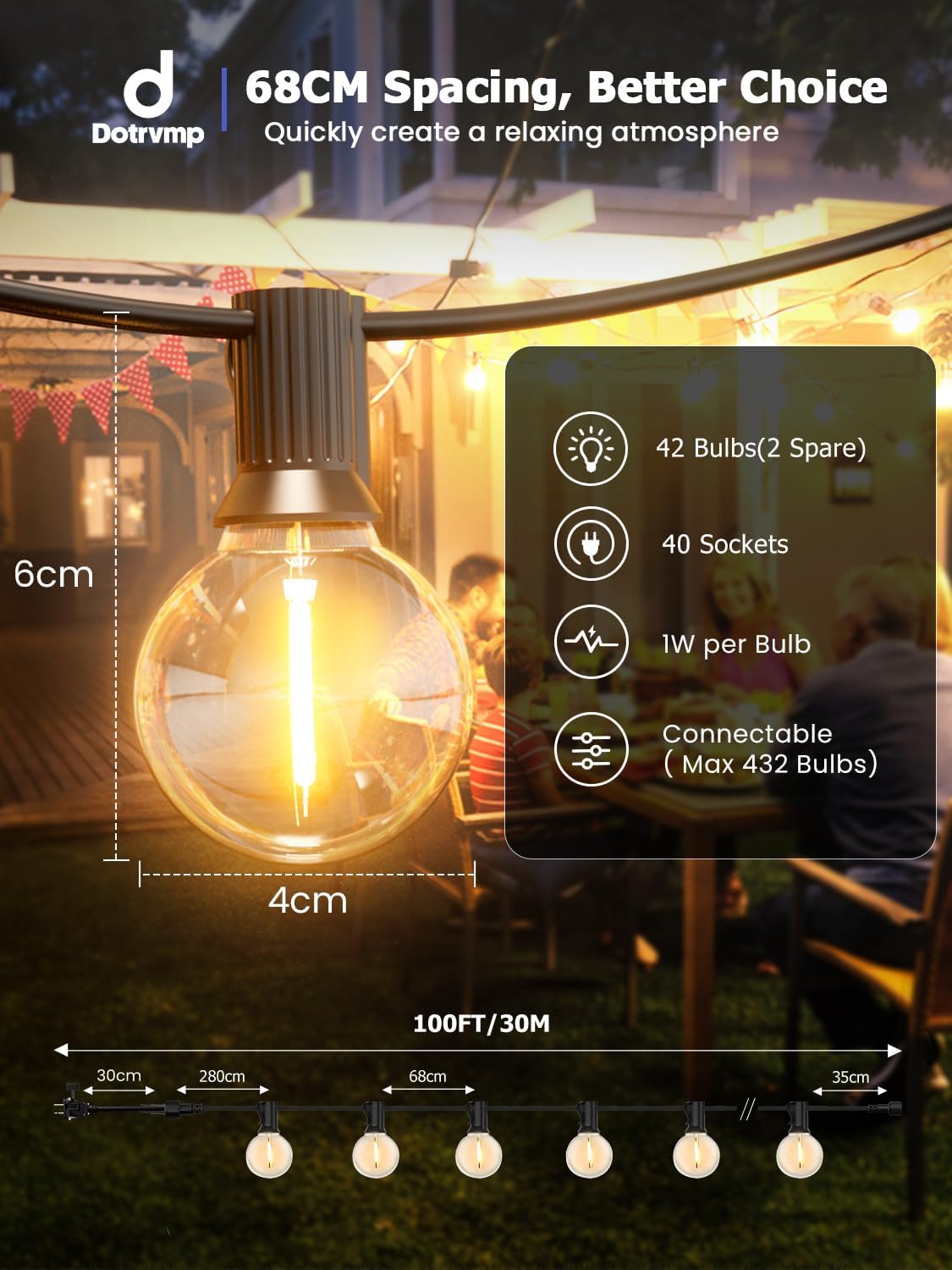 Thumbnail 1 de Dotrvmp LED Festoon Lights Outdoor 100FT/30M with Shatterproof G40 Bulbs, 2700K Warm White