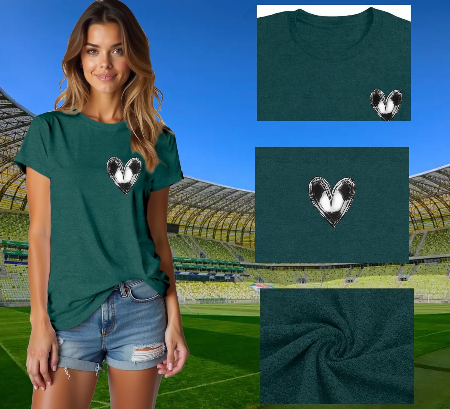 Detalle 2 de Qskall Women's T-Shirts Cute Football Heart Shirt – Casual Summer Tee