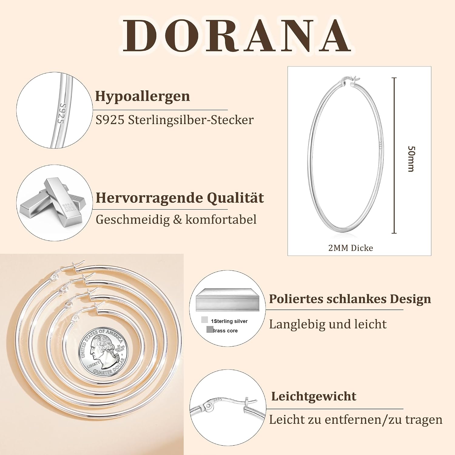 Detalle 2 de DORANA 2-mm Creolen aus 925er Silber (Sicherer Ohrclip, hypoallergen) – große Hoop-Ohrringe in verschiedenen Größen