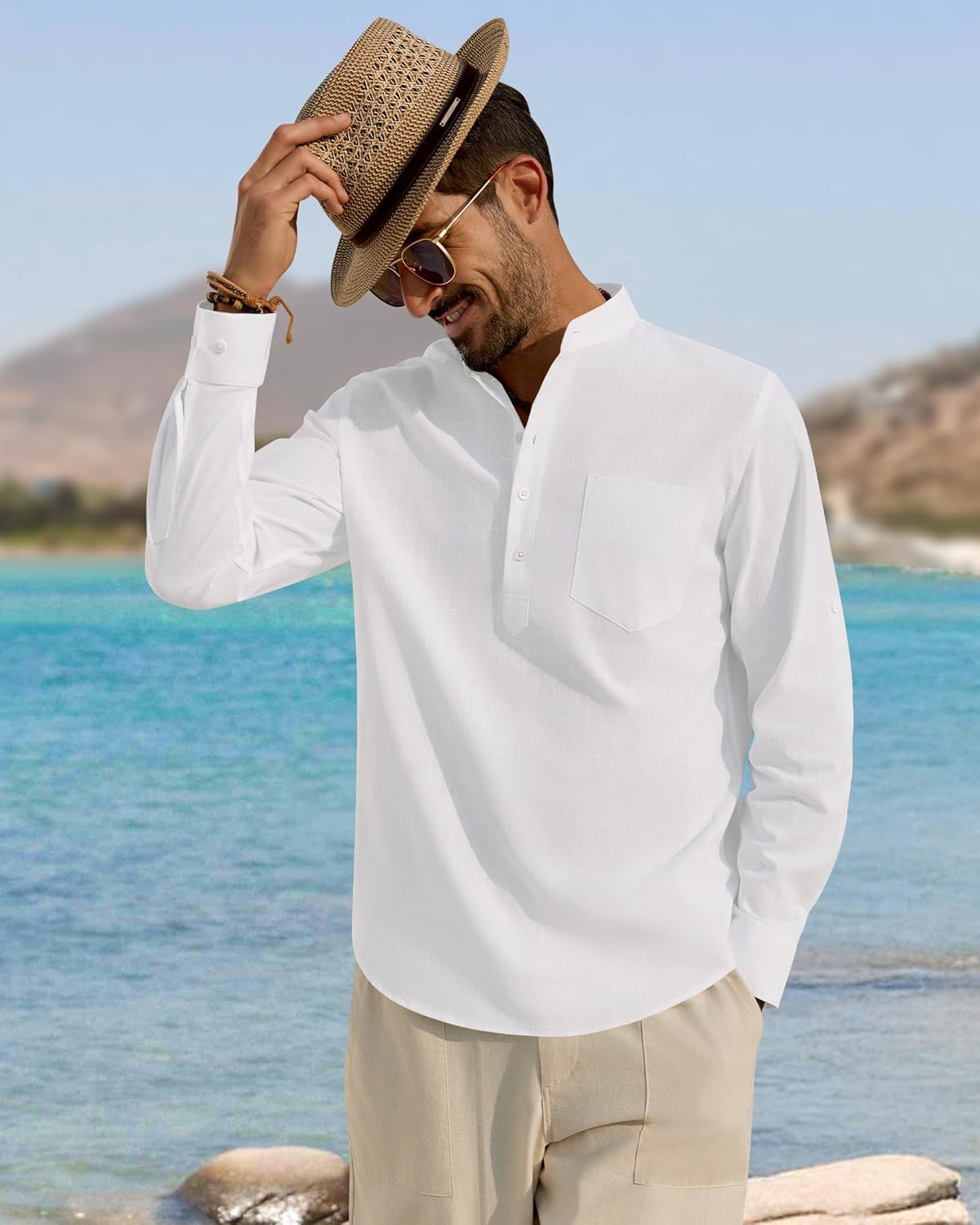 Detalle de J.VER Hemd Herren – Baumwolle-Leinen-Henley Langarm im Regular Fit
