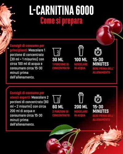 Detalle de L-Carnitina 6000 Liquid 1000 ml di GEN German Elite Nutrition – Cherry Madness, vegano e ad alto dosaggio