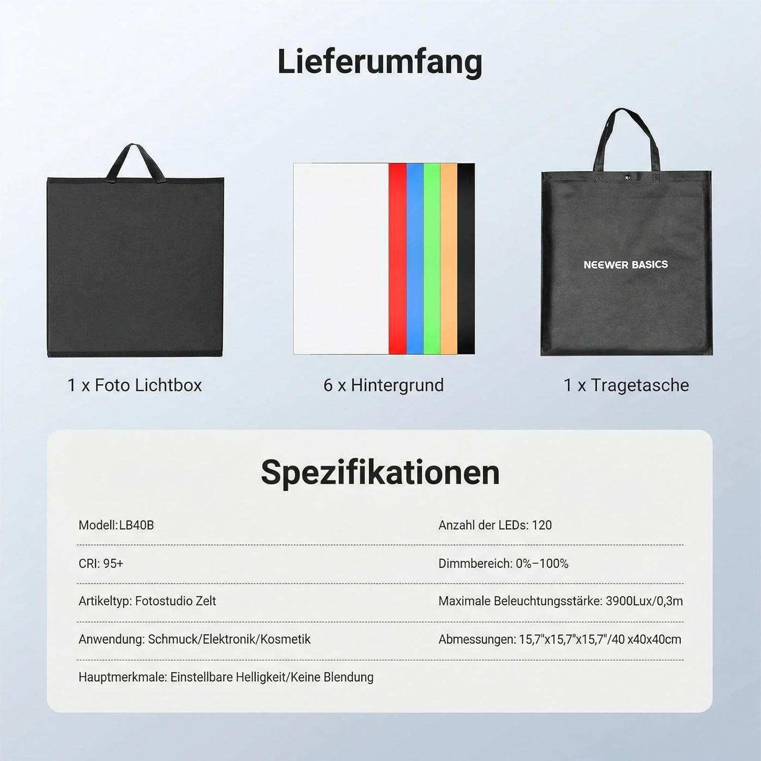 Thumbnail 6 de NEEWER BASICS Fotobox LB40B (40 x 40 cm) – zweifarbiges Lightzelt mit 6 Hintergründen, 120 dimmbare LEDs