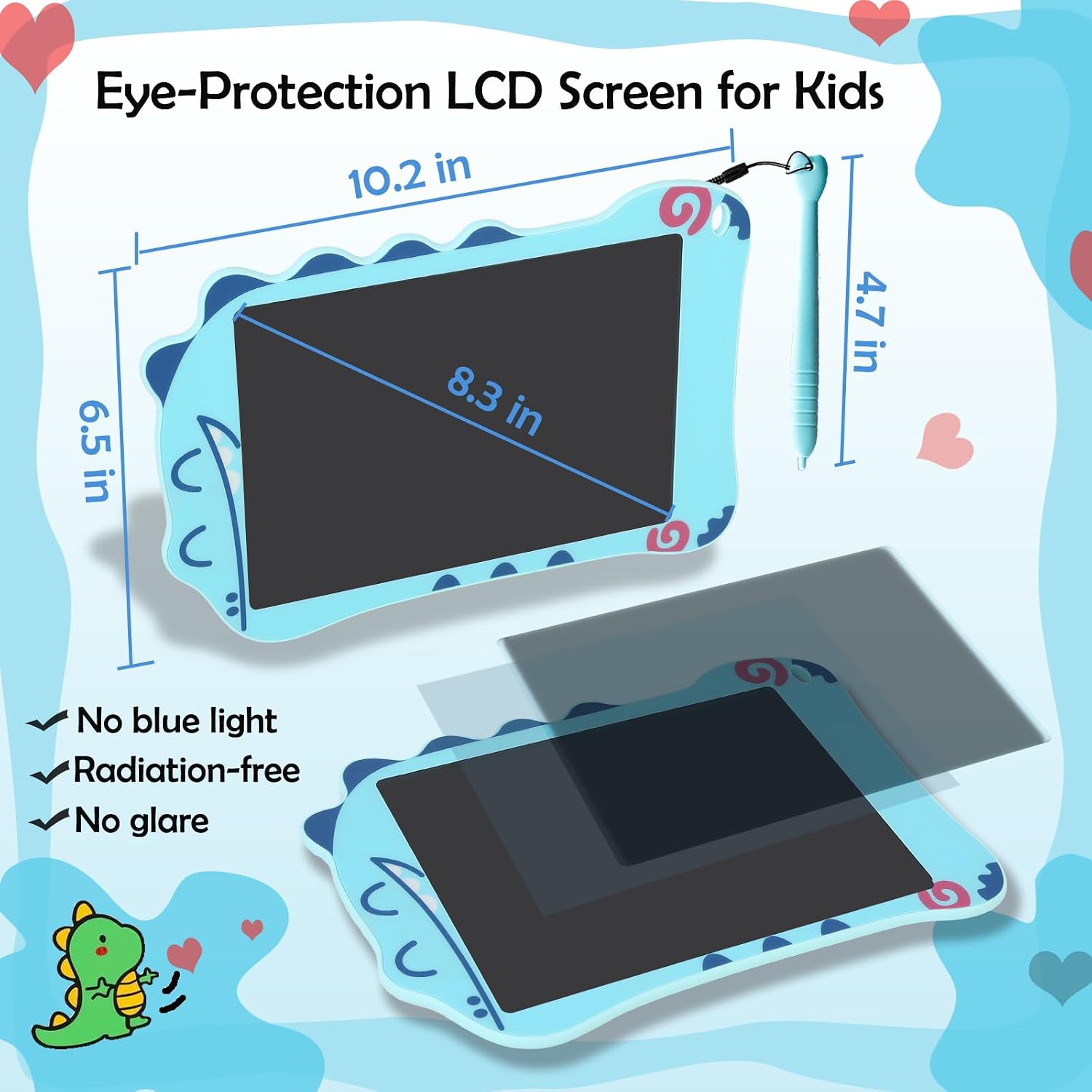 Detalle de Decute Dinosaur 8.5-inch LCD writing tablet for kids – blue doodle board with erase & lock