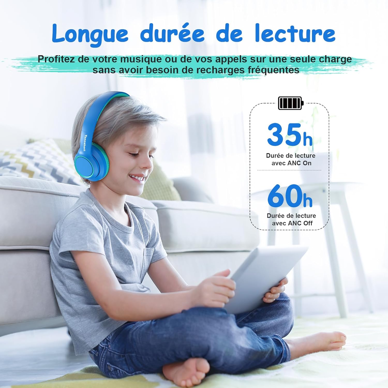 Thumbnail 6 de Casque Bluetooth enfant TONOSHARK sans fil (bleu foncé) – antibruit, micro intégré, autonomie jusqu’à 60 h, étui inclus