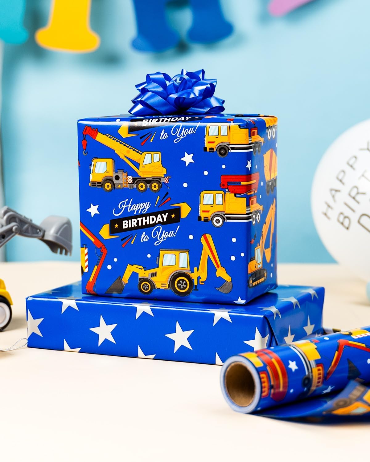 Thumbnail 4 de Wikadlik Geburtstags-Geschenkpapierrolle mit Traktor-LKW-Design, 43 cm x 10 m (tiefblau, silberner Stern)
