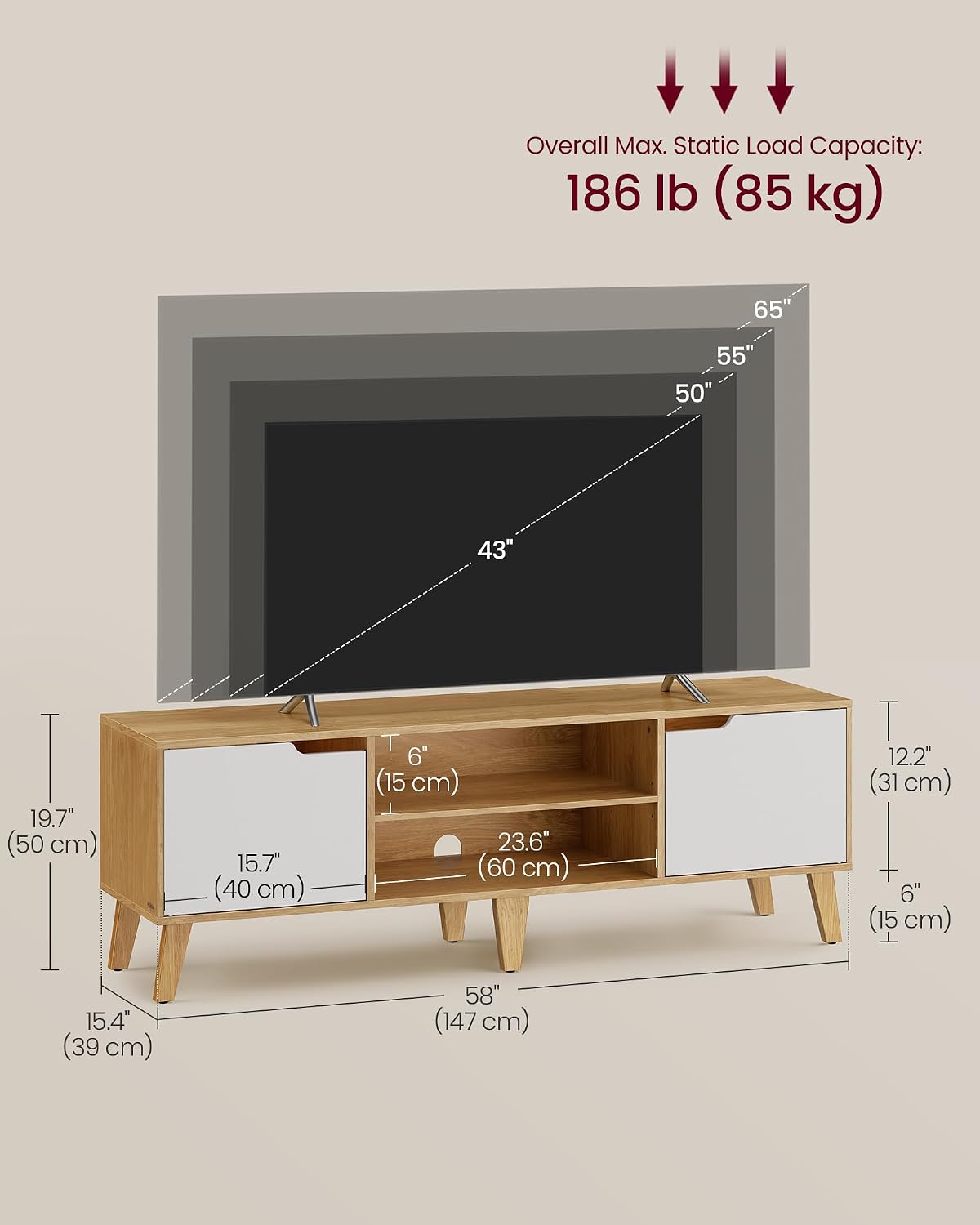 Detalle 2 de VASAGLE TV Stand Unit LTV556Y01: A Practical 147 cm Entertainment Console in Natural Oak and Cream White