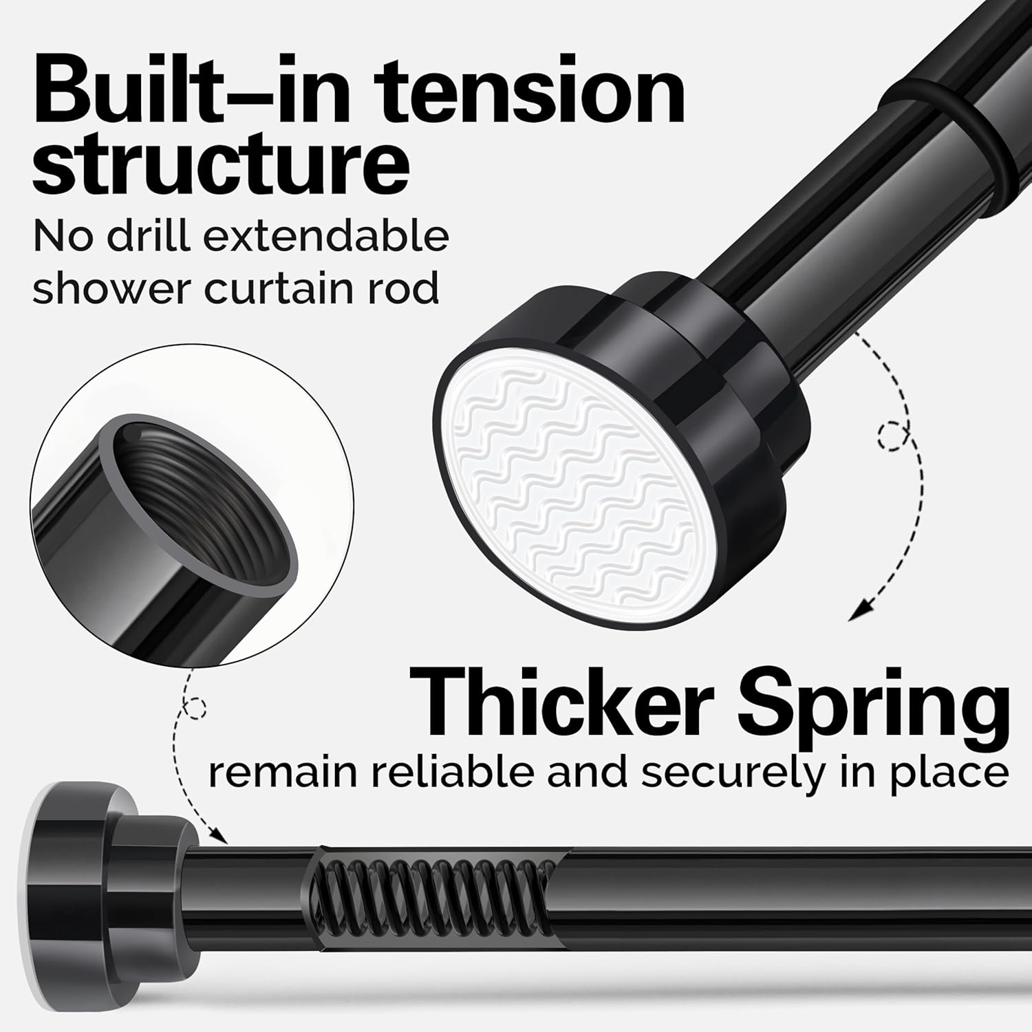 Thumbnail 3 de Stainless Steel Extendable Shower Curtain Rod Tension Pole (132cm-195cm) – Black