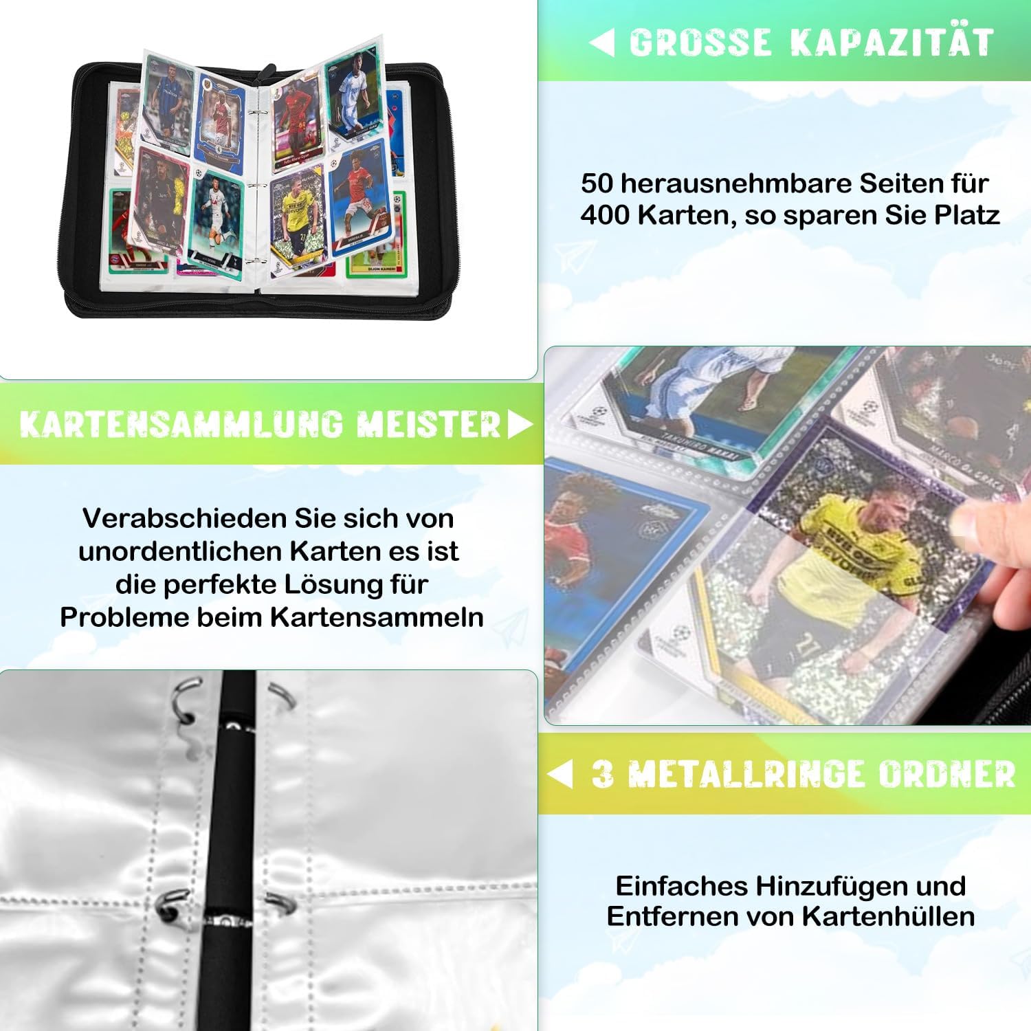 Detalle 1 de Fussball Karten Sammelalbum – Tragbar, 50 Seiten, 400 Kartenkapazität, wasserdichtes Schutz-Design