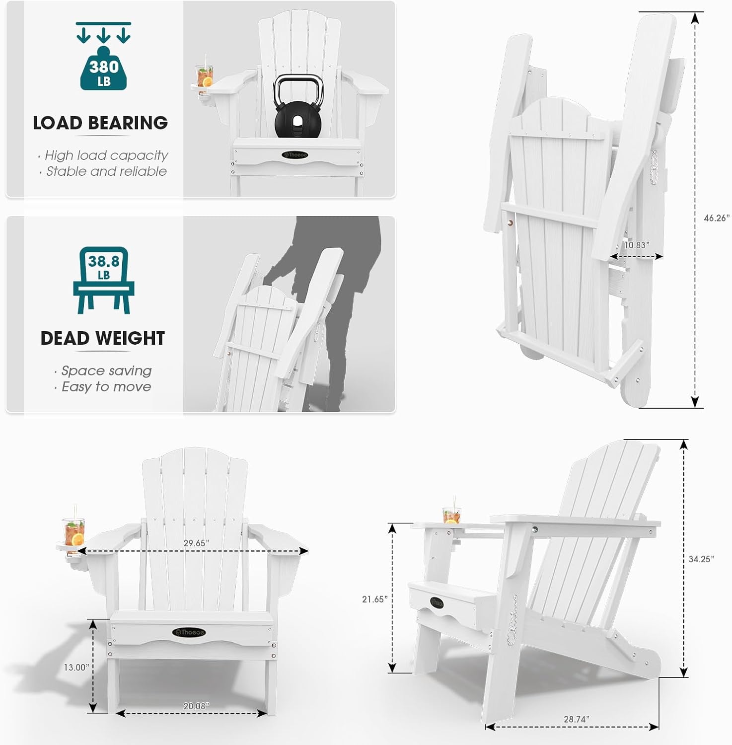 Detalle de THOEOE Adirondack Chairs Folding Set of 4, HDPE Patio Chairs with Cup Holders