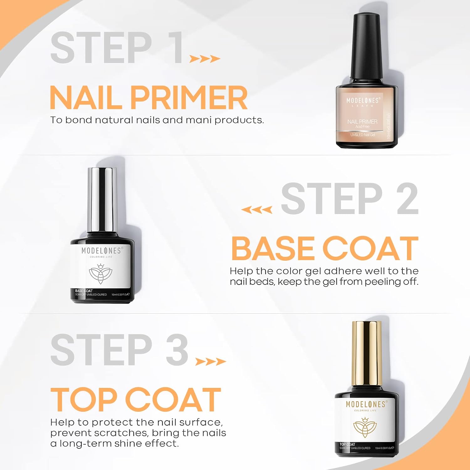 Thumbnail 3 de Modelones MO-DB0256 base coat, top coat y primer para uñas, 3 x 10 ml