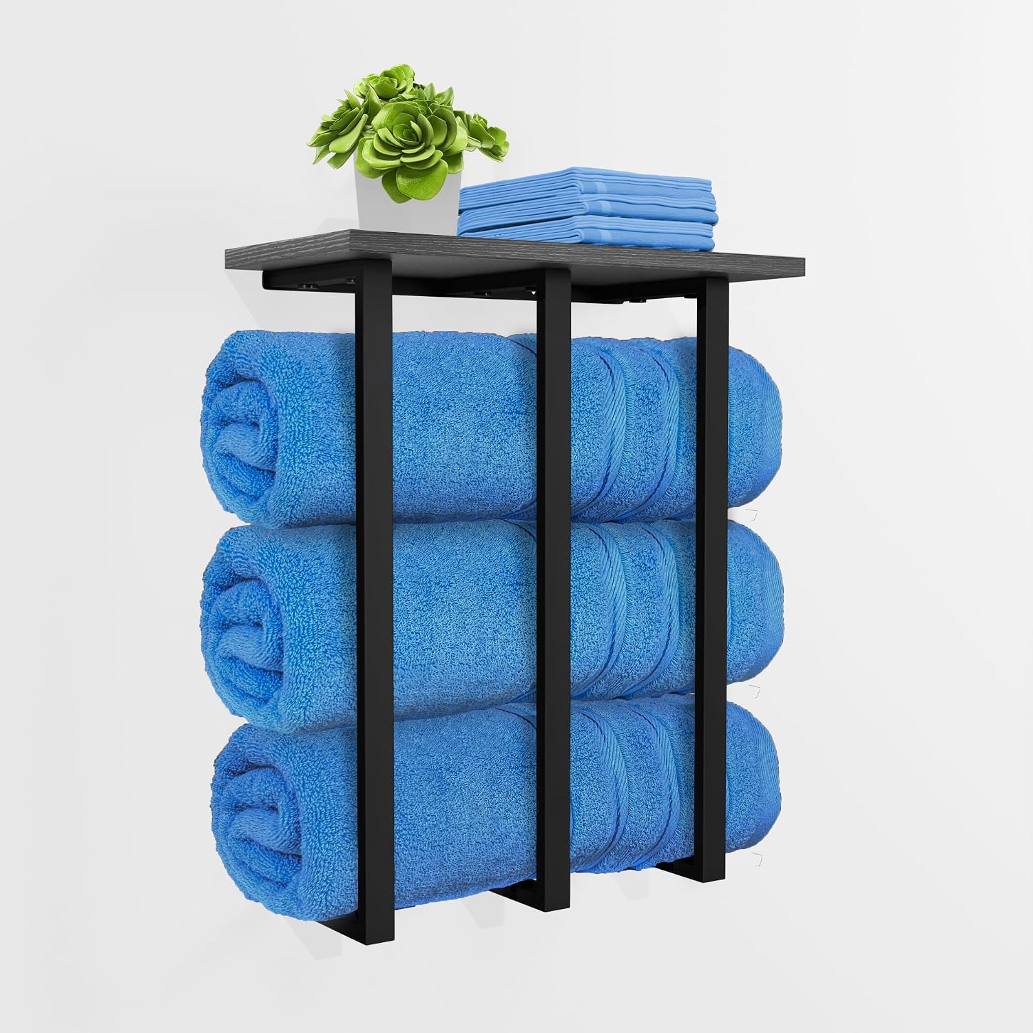Detalle de Portasciugamani da parete con ripiano e contenitore – 3 barre in ferro, portata 25 kg, design MDF