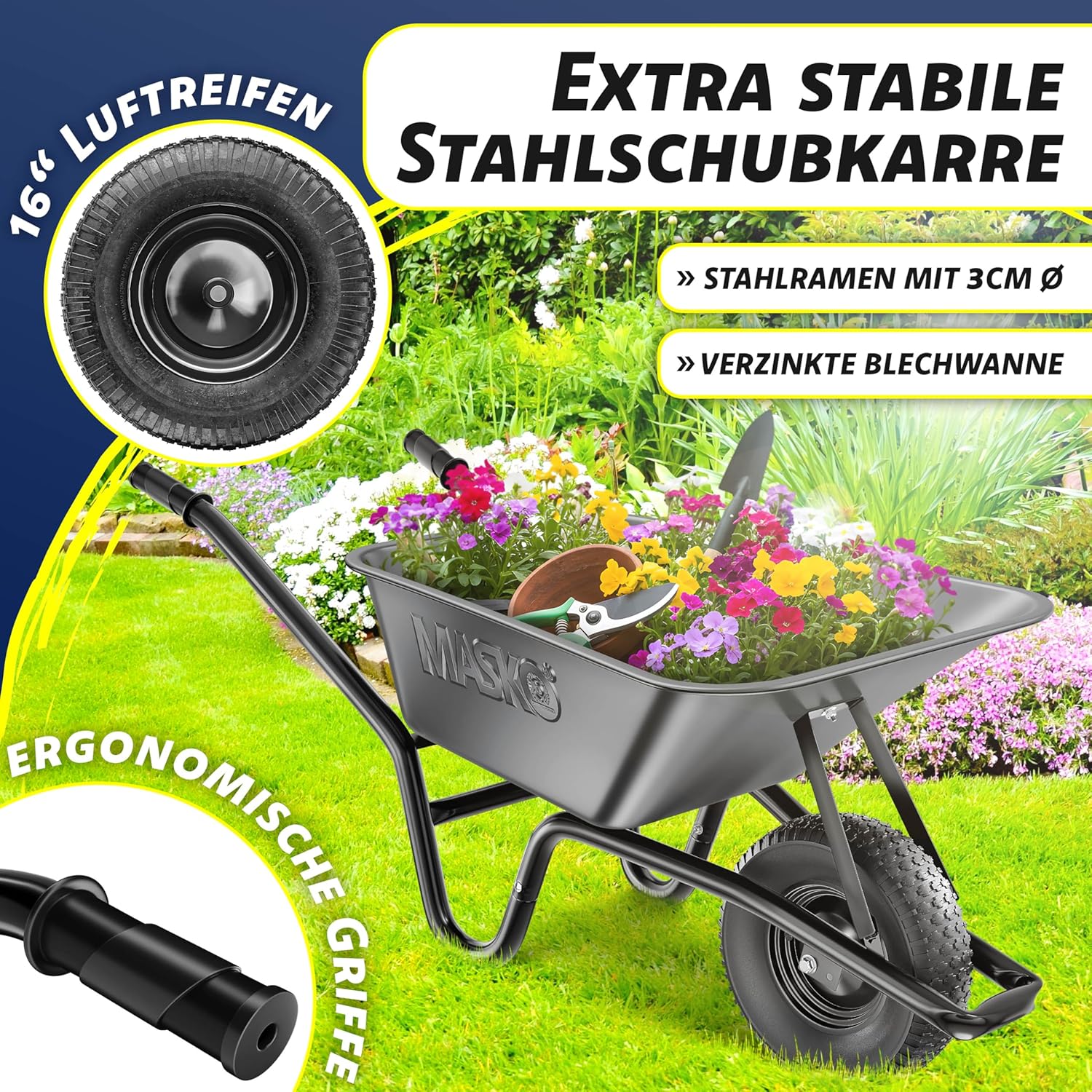 Thumbnail 2 de MASKO Schubkarre 100 Liter (bis 250 kg) mit Luftreifen und verzinktem Stahlrahmen inkl. Ersatzschlauch