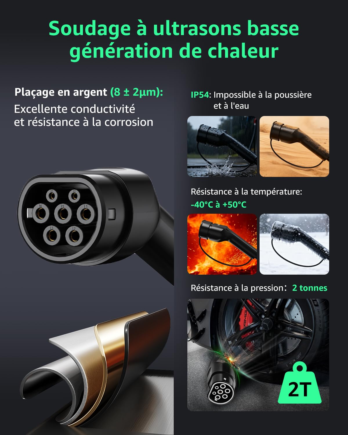 Detalle de GONEO Type 2 Câble de Recharge Voiture Électrique 22kW – 10 m, IP54, CCS2/Type 2, Sac de rangement