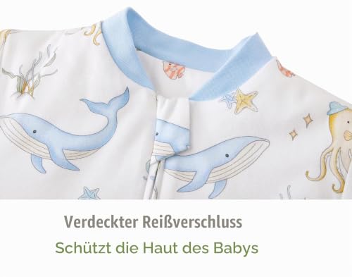 Detalle de Chilsuessy Baby Schlafsack Winter mit abnehmbaren Langarm – Bio Baumwolle, 2.5 Tog, Blau Unterwasserwelt, 90–110 cm