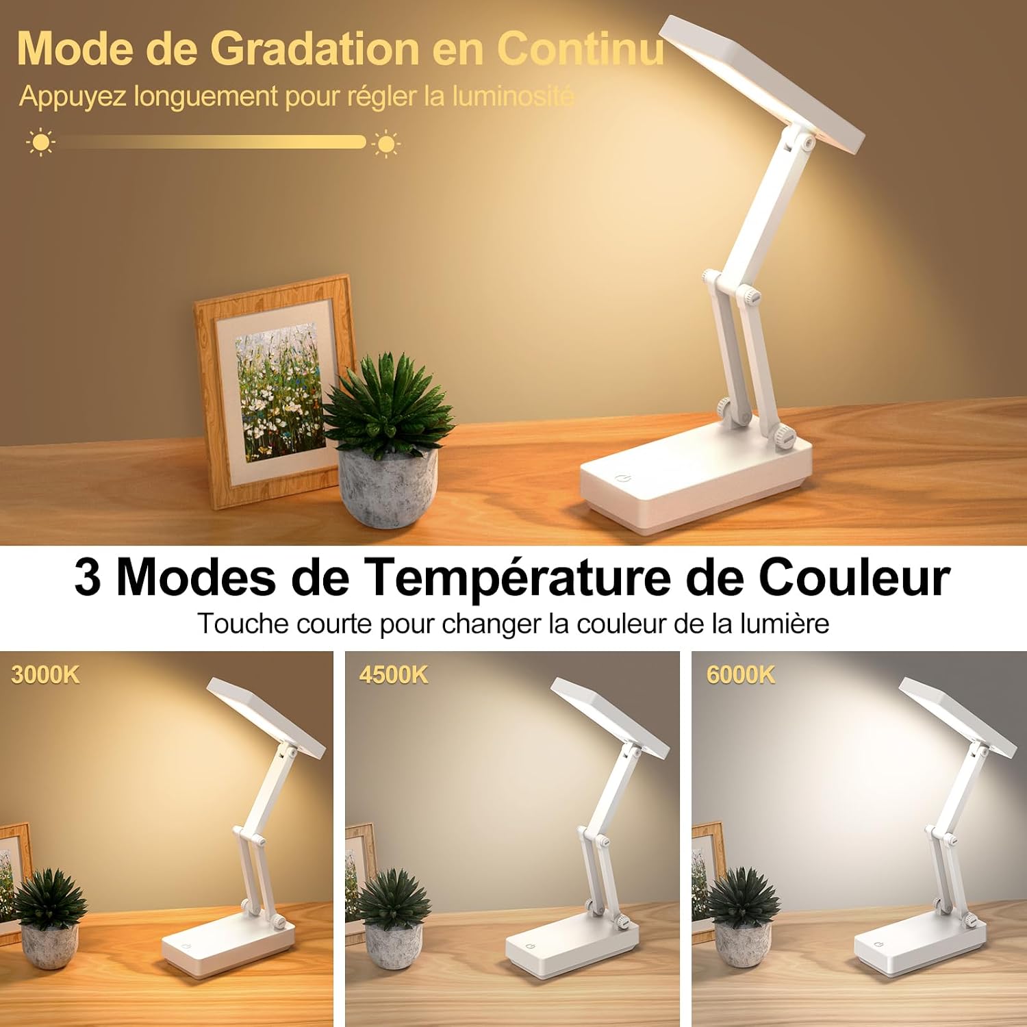 Detalle de Suright Lampe de Bureau Sans Fil LED – Portable, pliable et réglable, 3 niveaux de luminosité et 3 températures