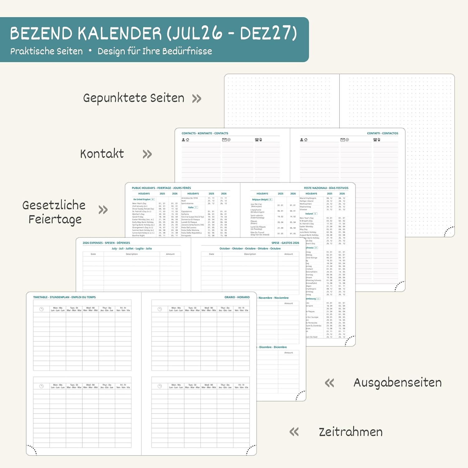 Thumbnail 4 de BEZEND Kalender 2026/2027 Wochenplaner A5 – Dunkelgrün, PU-Leder Hardcover, 18 Monate Juli 2026 bis Dez 2027